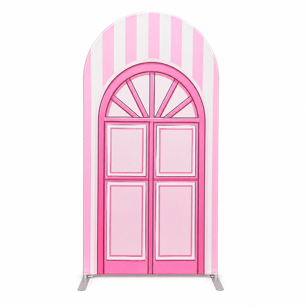 Pink door design arch backdrop with stand