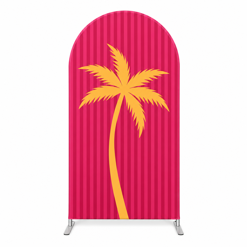 Single panel with palm tree graphic on pink background