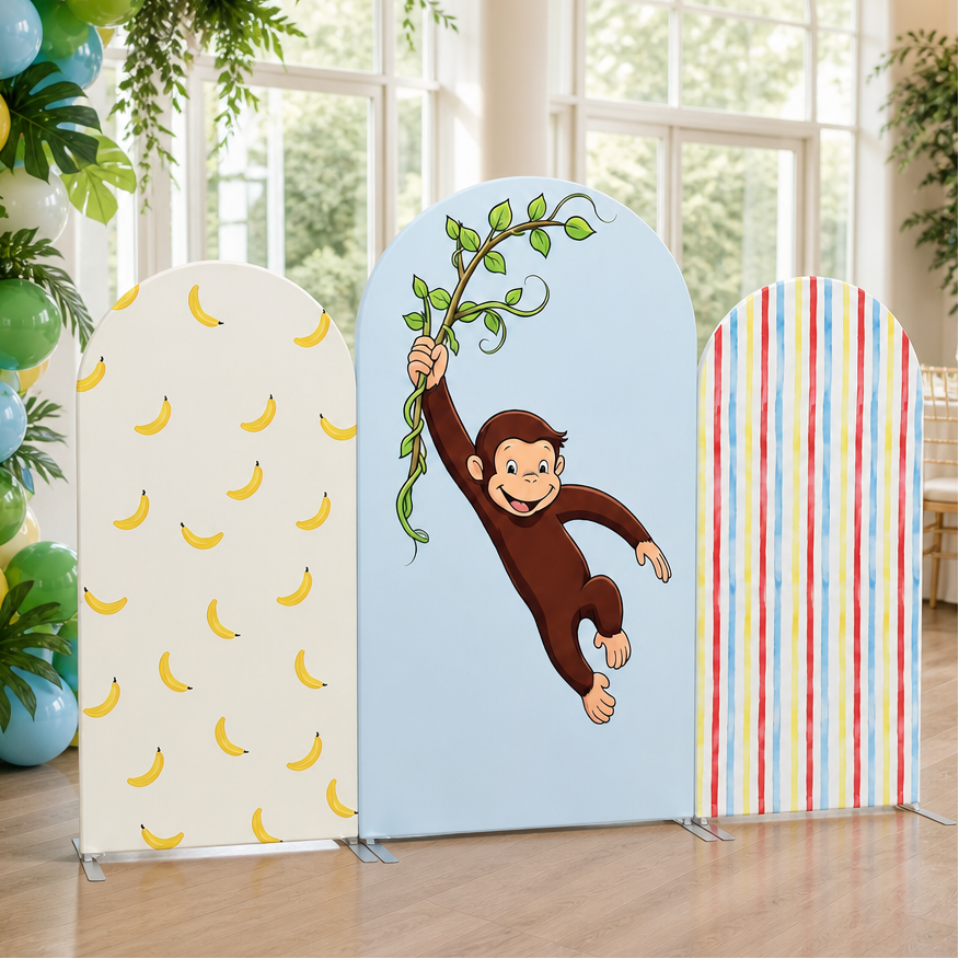 Kids party with Curious Monkey arch backdrop covers in room