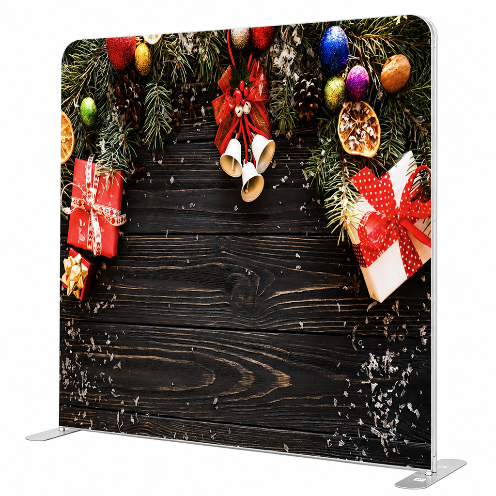 Side view of Christmas photo booth backdrop with aluminum stand