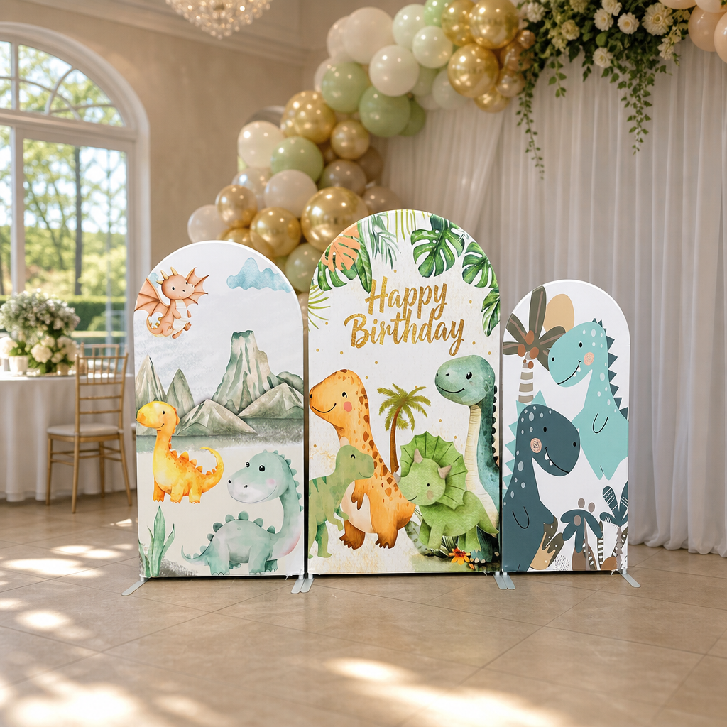 Colorful dinosaur party backdrop arch in decorated room with balloons