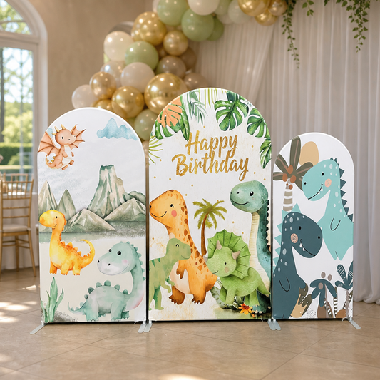 Colorful dinosaur party backdrop arch in decorated room with balloons