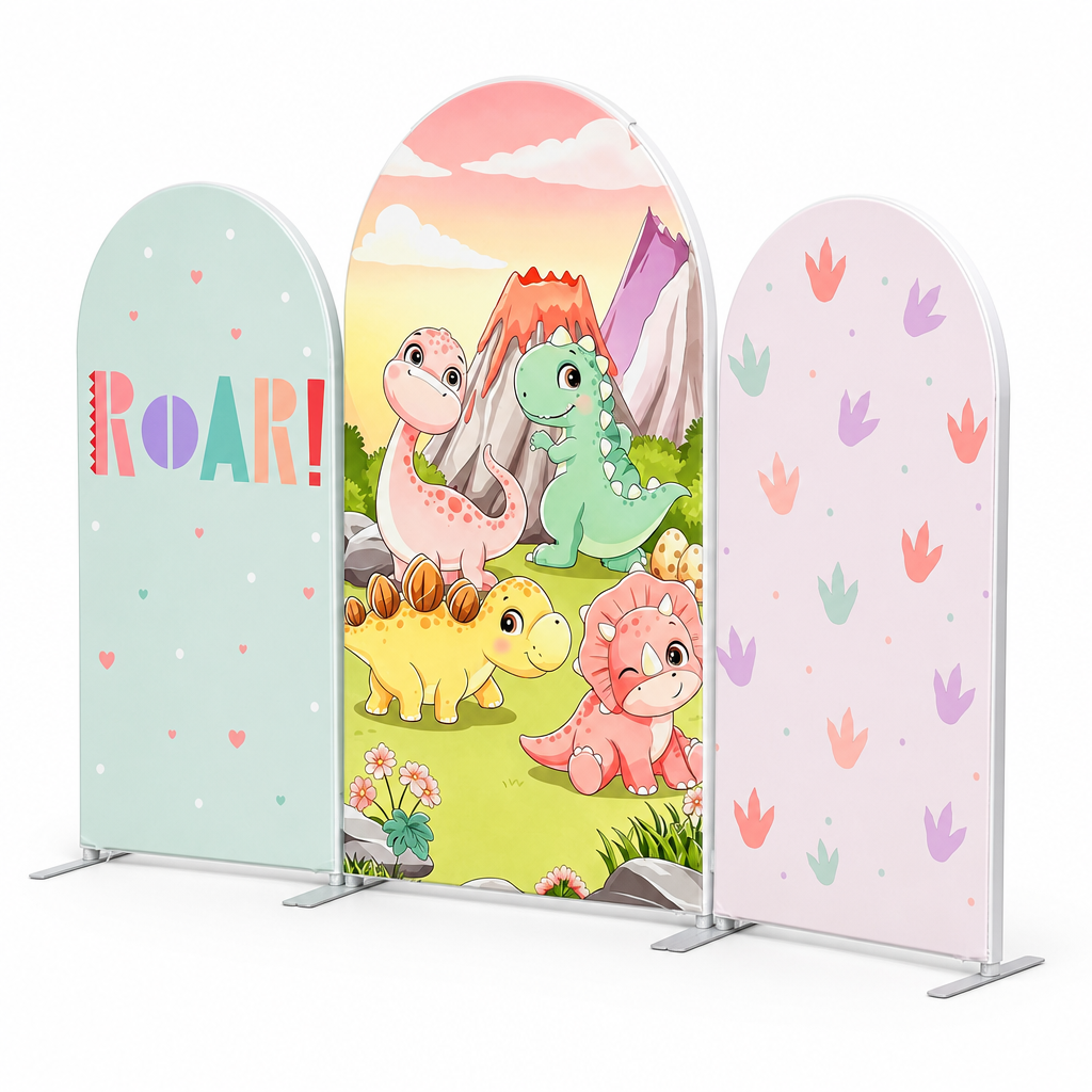 Side angle of dinosaur party arch backdrop