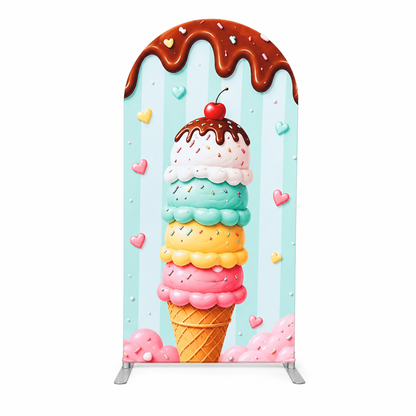 Playful multi-scoop ice cream cone themed arch backdrop panel