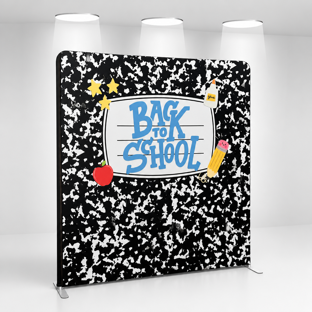 Studio setup of the notebook pattern backdrop with stand under spotlights