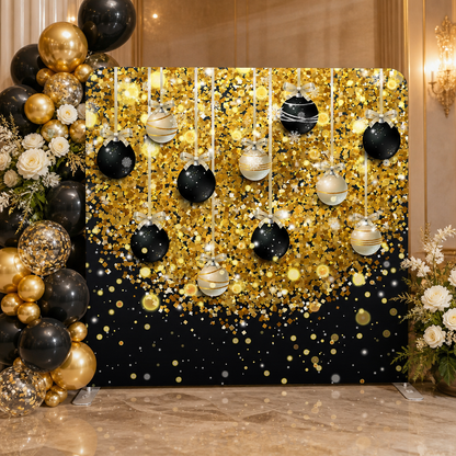 Party photo booth backdrop with gold and black confetti theme