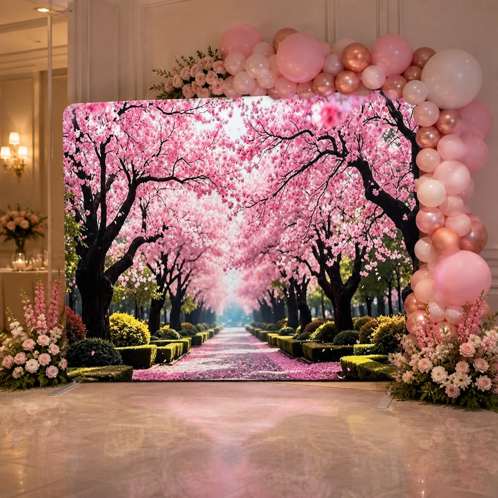 Photo booth backdrop with cherry blossom arch and garden path