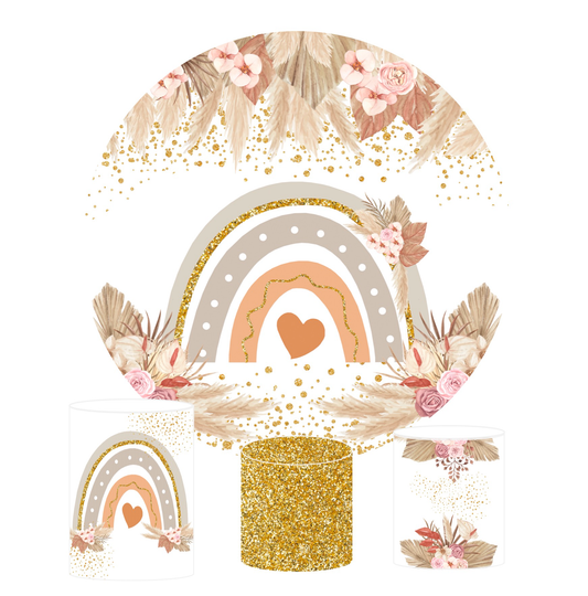 Boho flora rainbow birthday baby shower party decoration round circle backdrop cover plinth cylinder pedestal cover