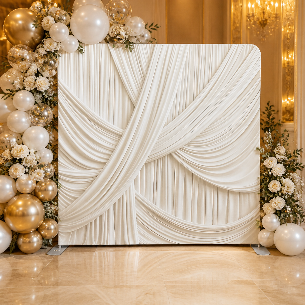 Ivory draped fabric photo booth backdrop with gold and white balloon decorations