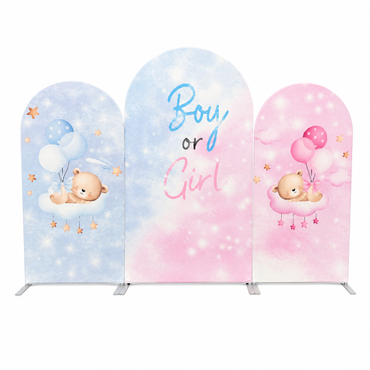 Boy or Girl gender reveal party arch backdrop with teddy bear and balloons in blue and pink