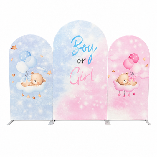 Boy or Girl gender reveal party arch backdrop with teddy bear and balloons in blue and pink
