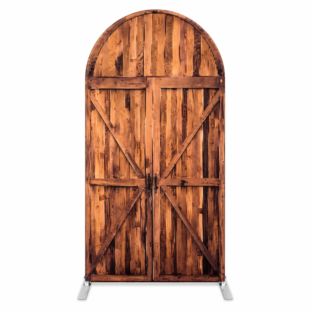 Brick Wall, Green Artificial Grass, and Rustic Wooden Doors Arch Backdrop Covers for Event Decoration