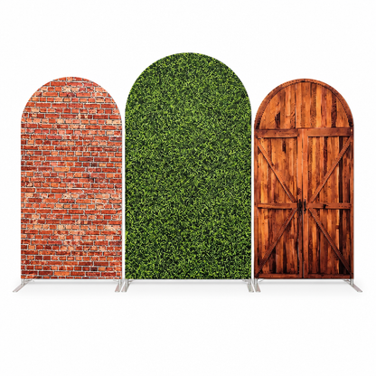 Arch backdrop cover with red brick wall design