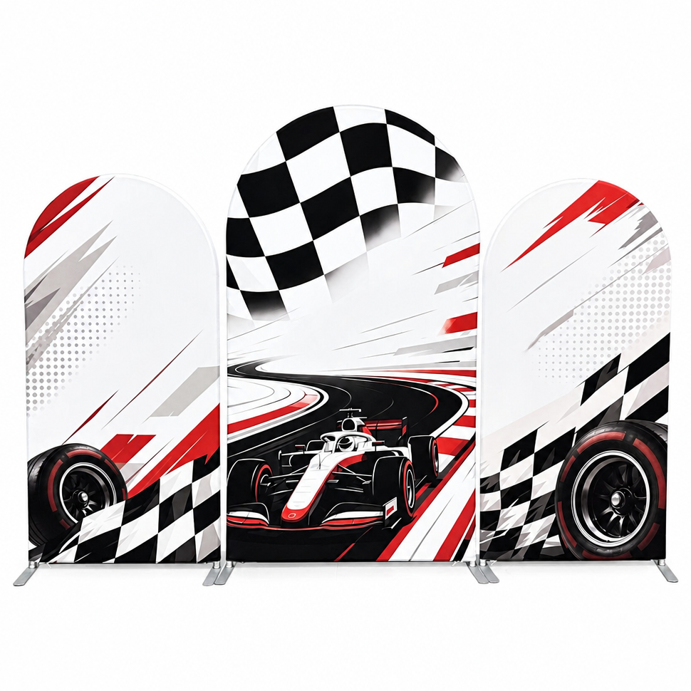 Front view of race car themed arch covers combining to form a racing scene