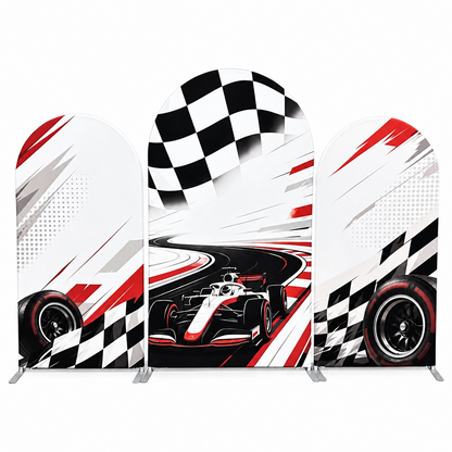 Front view of race car themed arch covers combining to form a racing scene