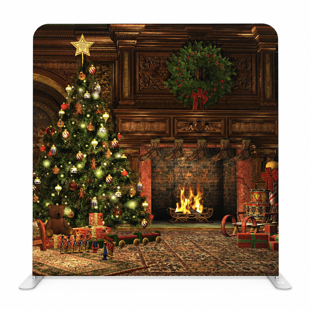 Christmas fireplace backdrop with wreath and decorated tree on stand