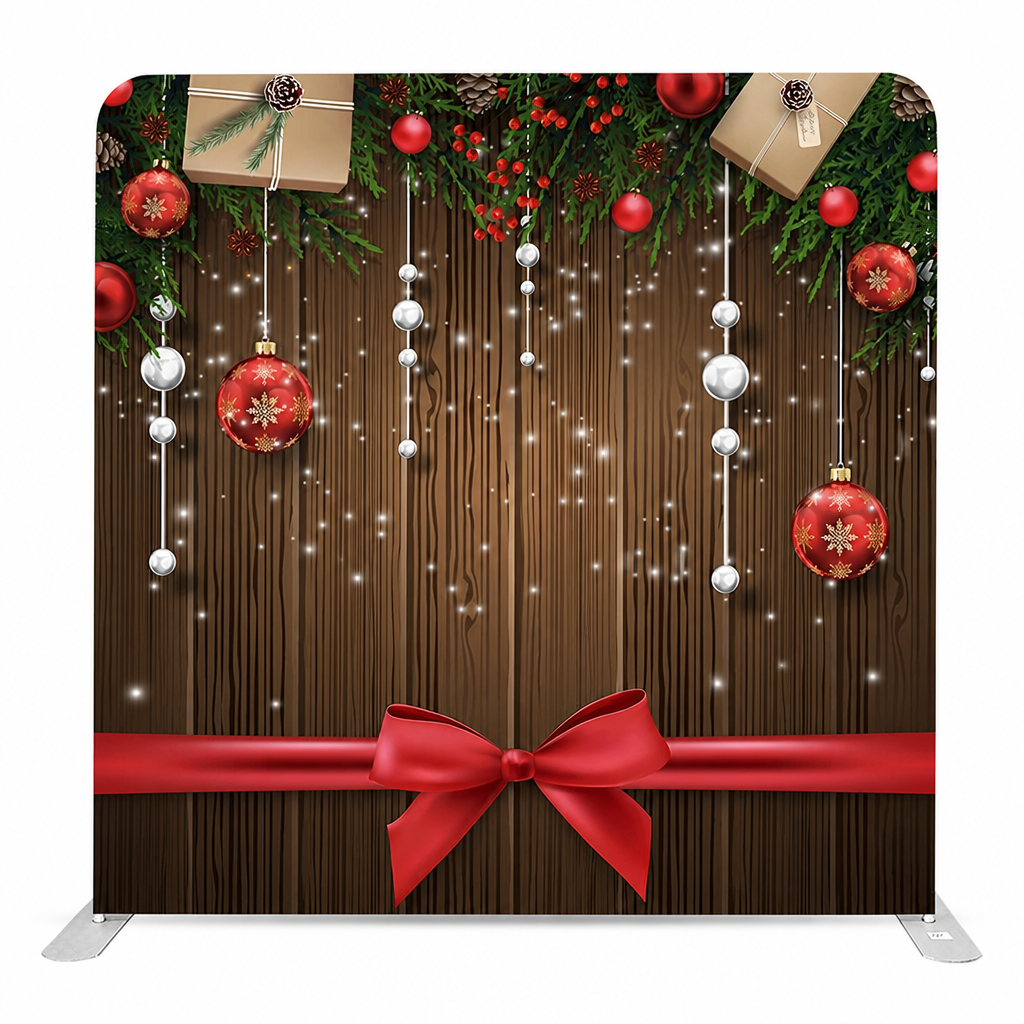Christmas gift and bells photo booth backdrop with red ribbon and wooden background