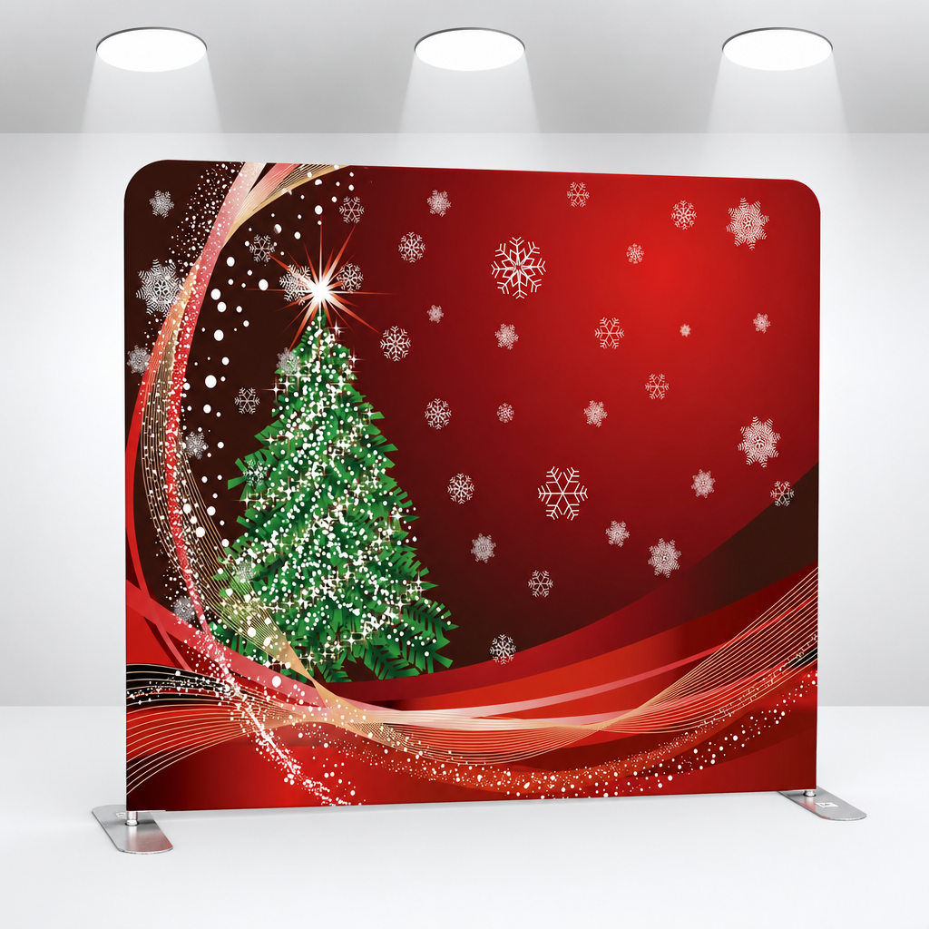Christmas tree and snowflakes photo booth fabric backdrop with aluminum stand