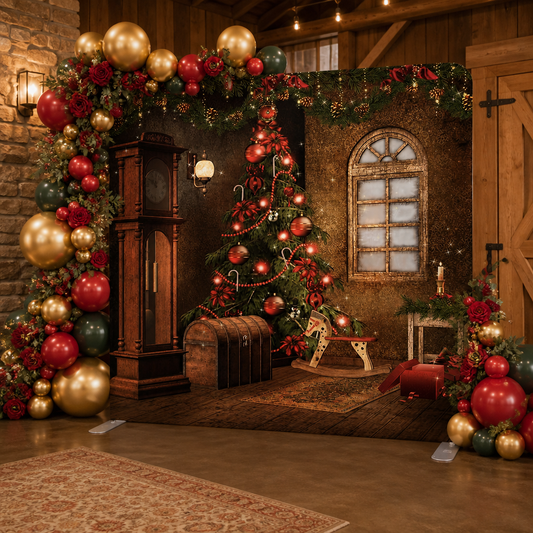 Christmas backdrop with balloon arch decoration featuring red and gold balloons