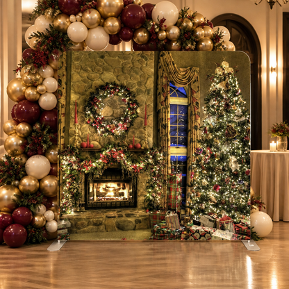 Christmas backdrop with decorated fireplace and tree with gifts