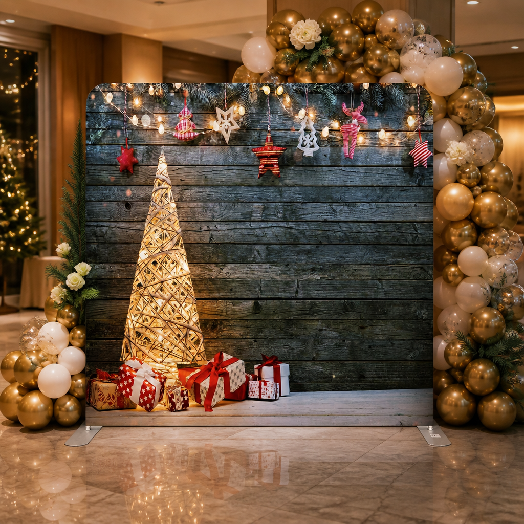 Christmas photo booth backdrop with lighted tree and wrapped gifts, balloon arch decoration