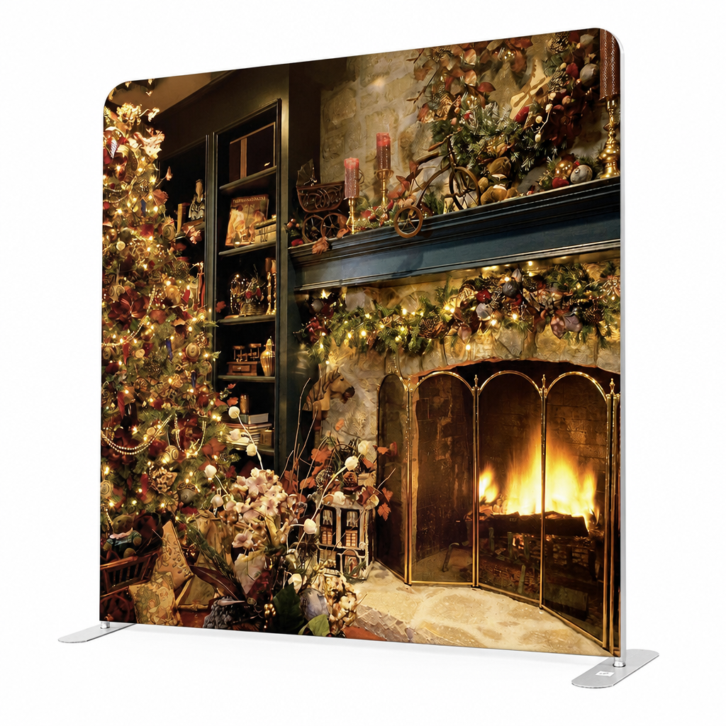 Close side view of Christmas fireplace backdrop with stand showing warm fire and holiday decor