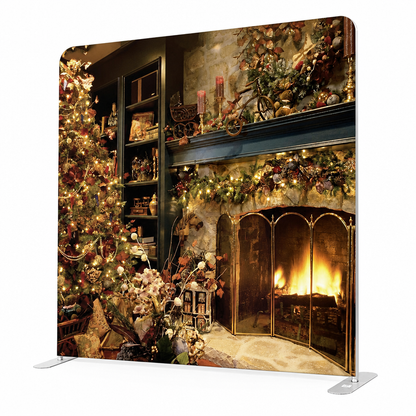 Close side view of Christmas fireplace backdrop with stand showing warm fire and holiday decor