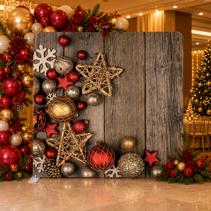 Photo booth backdrop with rustic Christmas ornaments and wooden background