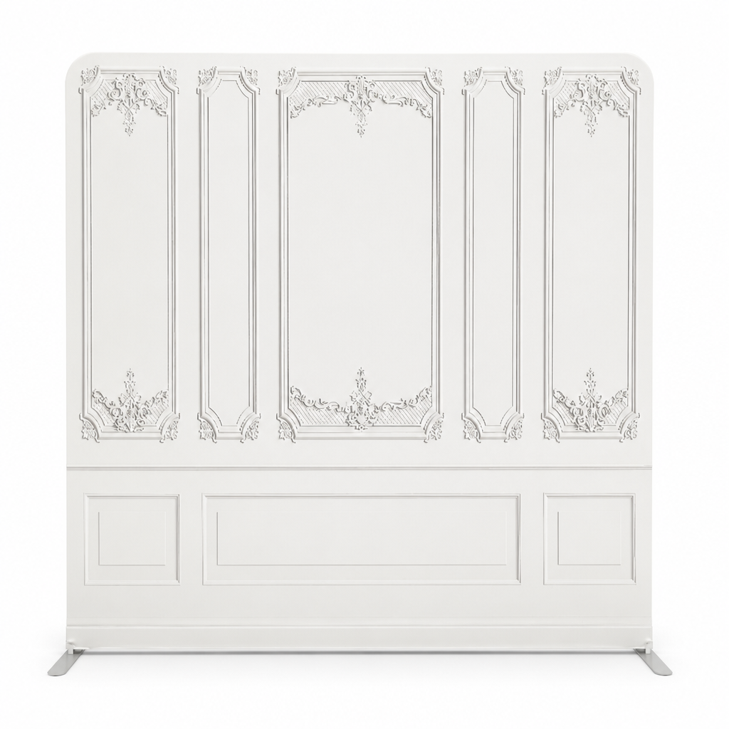 Front view of white classic panel tension fabric backdrop