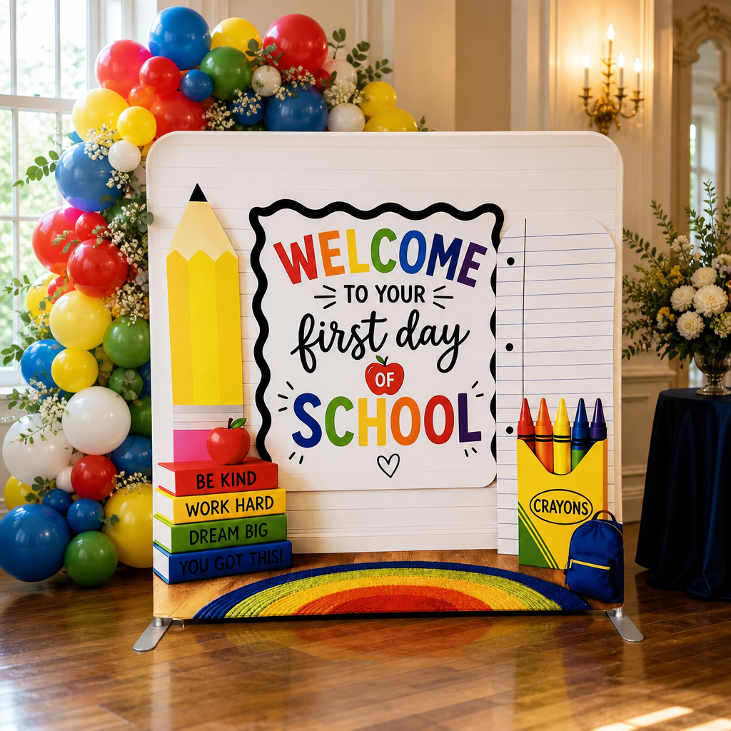 School themed backdrop with colorful balloon arch in an indoor party setting