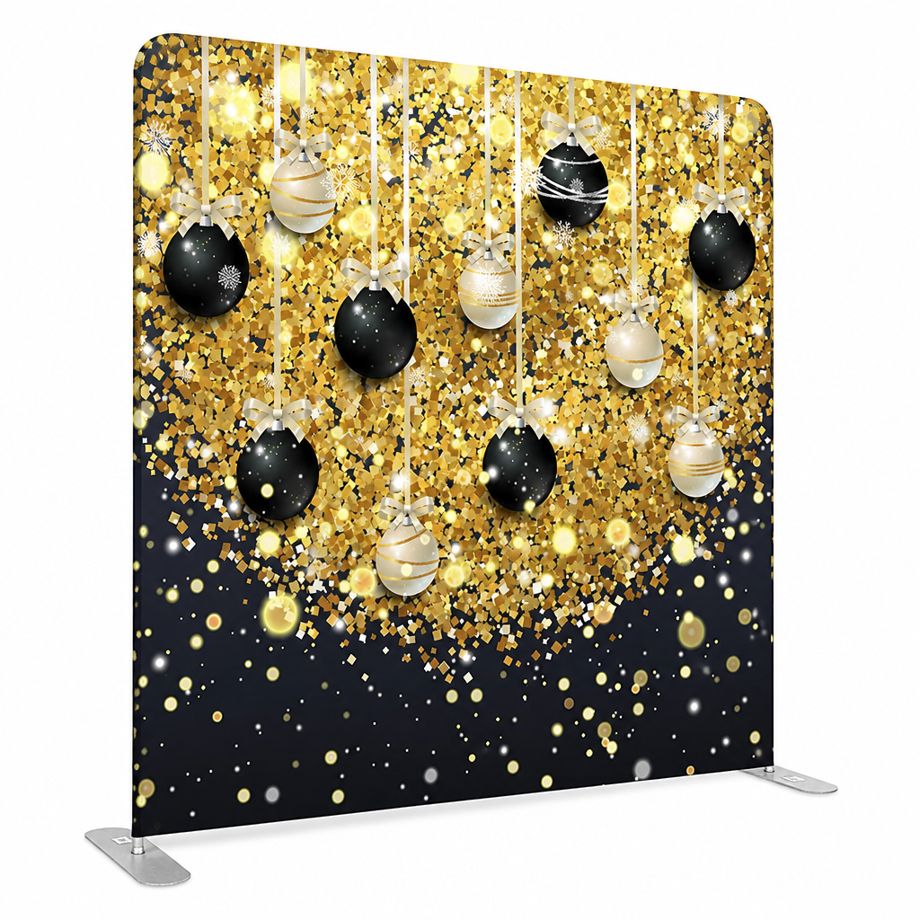 Straight fabric backdrop with festive gold and black confetti design