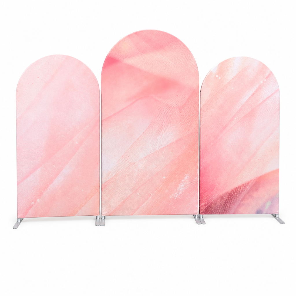 Pink marble arch backdrop setup with balloons decoration