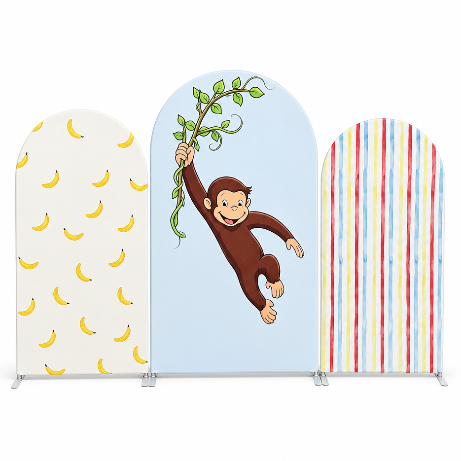 Curious Monkey kids birthday party arch backdrop cover with monkey on vine center