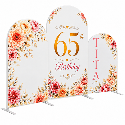 Arch covers standing on wood floor with floral design and personalizable text