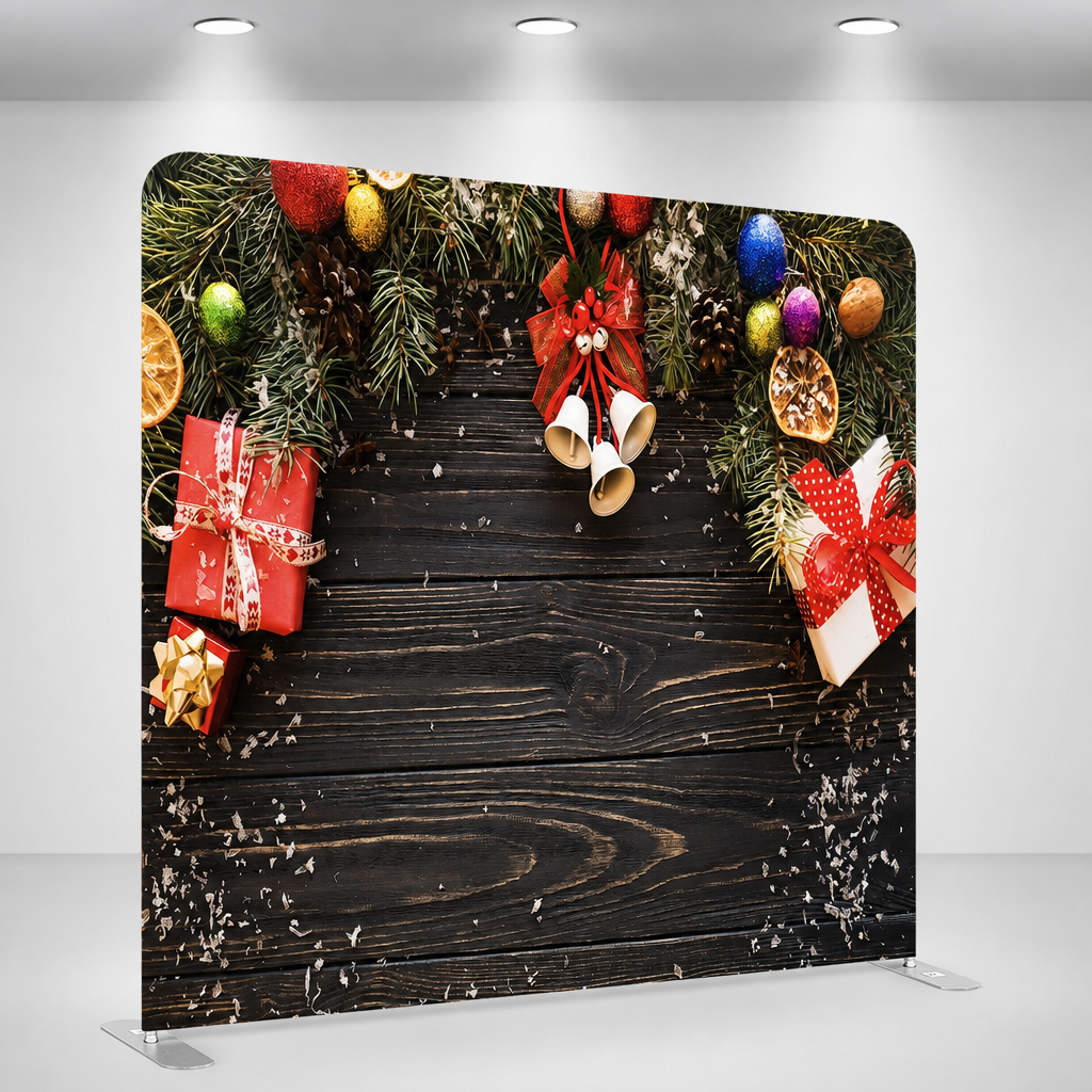 Christmas photo booth backdrop displayed in event space