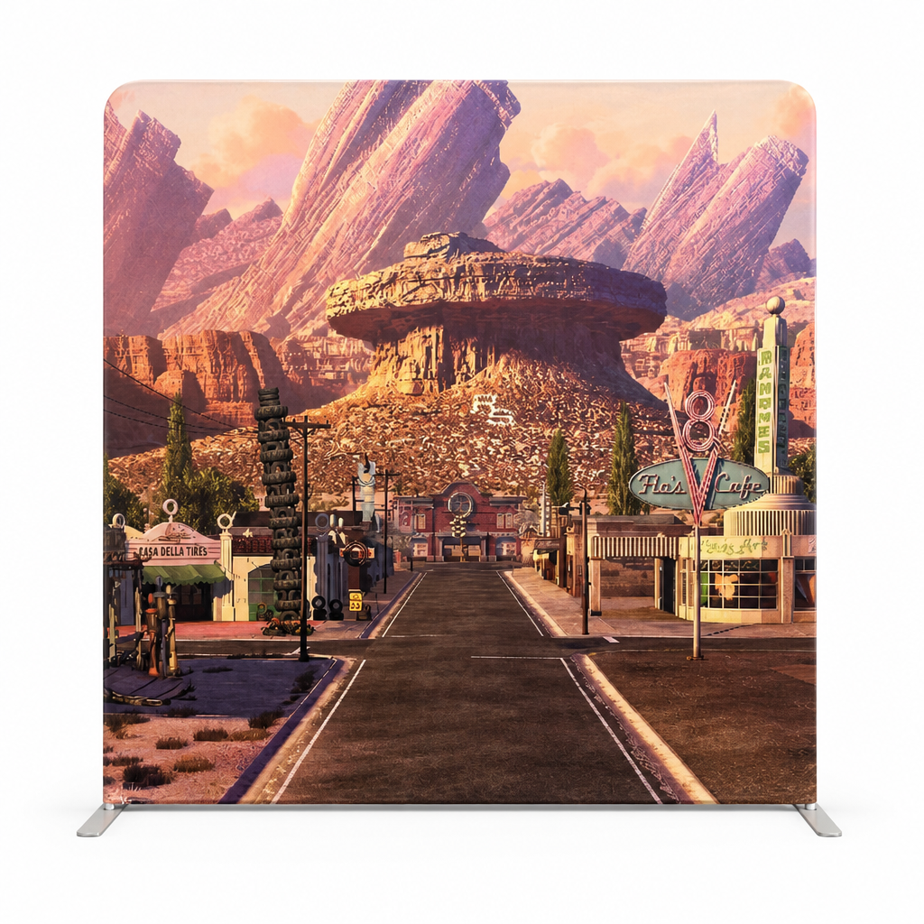 Straight tension fabric backdrop featuring Route 66 desert town at sunset