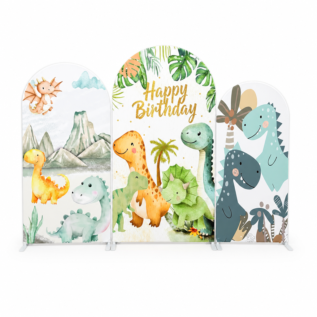 Dino themed birthday backdrop arch cover set with three dinosaur print covers