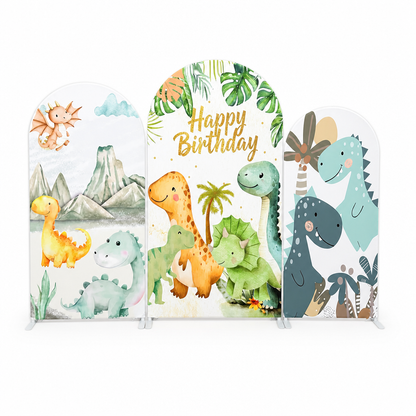 Dino themed birthday backdrop arch cover set with three dinosaur print covers