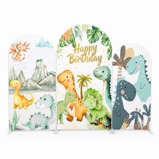 Dino themed birthday backdrop arch cover set with three dinosaur print covers