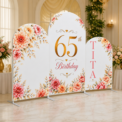 Floral arch covers in a bright indoor event space with flowers and curtains