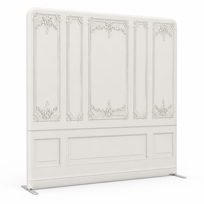 Side angle of white classic panel photo booth backdrop with stand