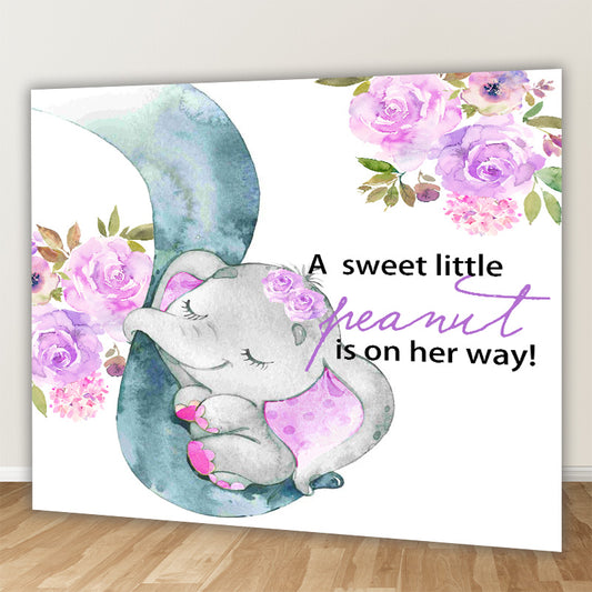 Baby Elephant With Purple Flower Baby Shower Party Decoration Fabric Backdrop