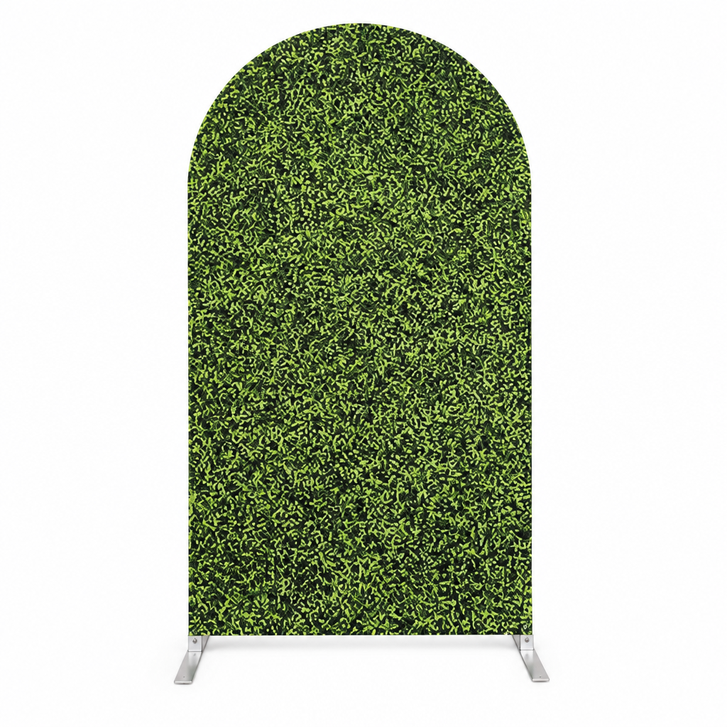 Brick Wall, Green Artificial Grass, and Rustic Wooden Doors Arch Backdrop Covers for Event Decoration