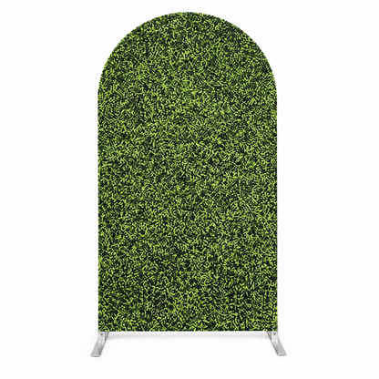 Brick Wall, Green Artificial Grass, and Rustic Wooden Doors Arch Backdrop Covers for Event Decoration