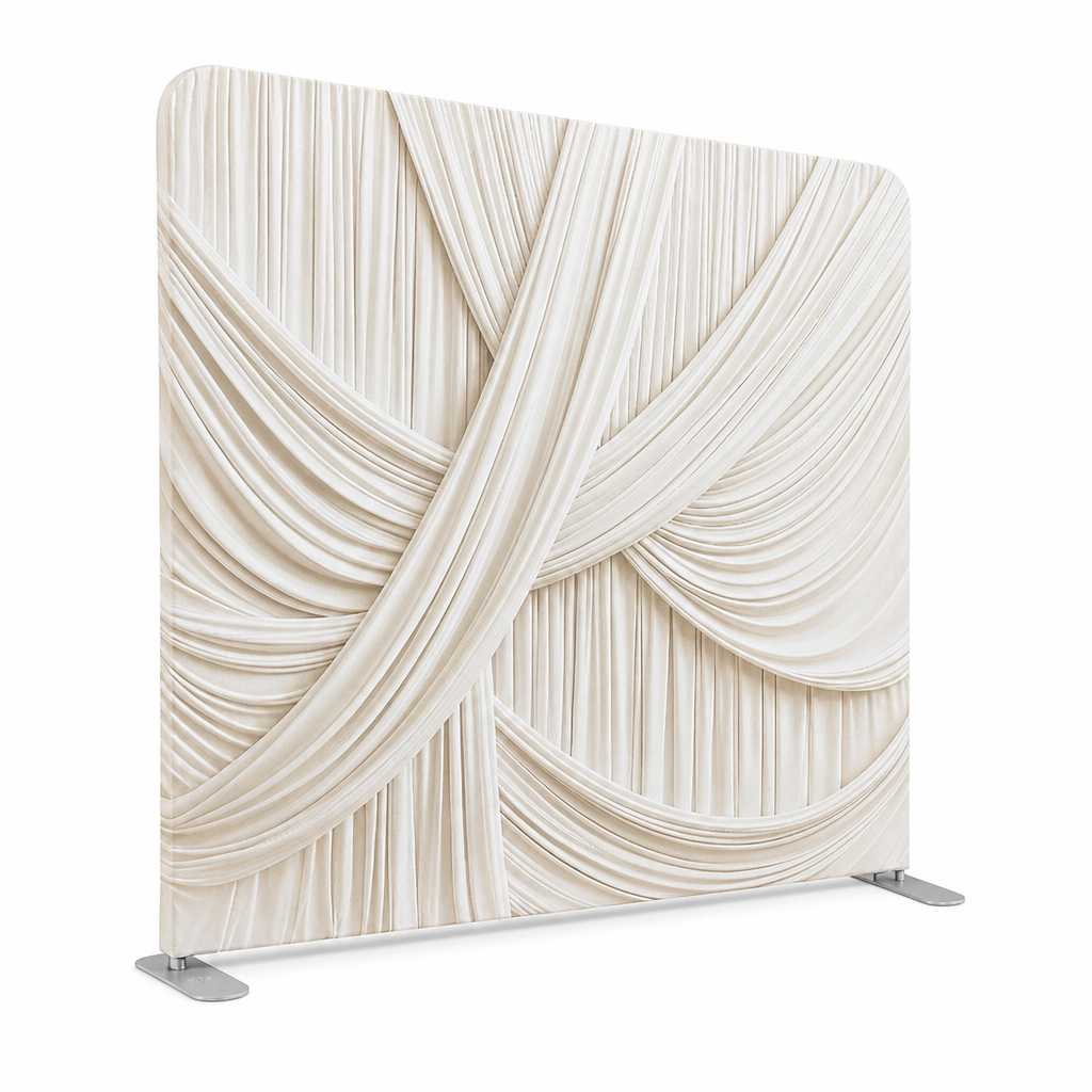 Angle view of ivory draped fabric photo booth backdrop with stand