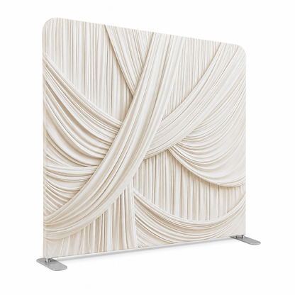 Angle view of ivory draped fabric photo booth backdrop with stand