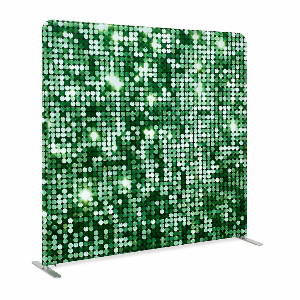 Angled view of shimmering green sequin fabric straight backdrop on aluminum stand