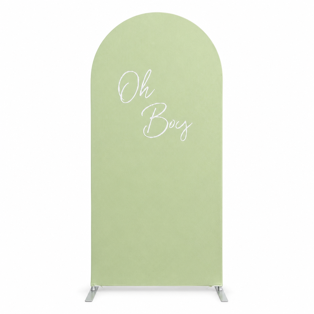 Green arch backdrop fabric cover with "Oh Boy" text
