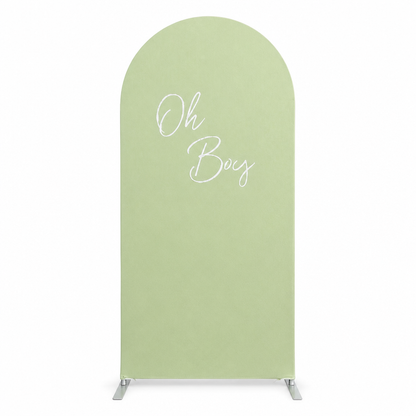 Green arch backdrop fabric cover with "Oh Boy" text