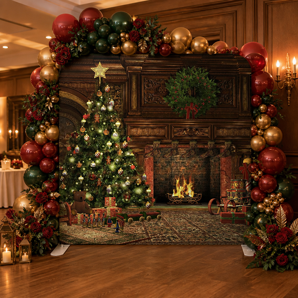 Holiday photo booth backdrop with Christmas toys and gifts